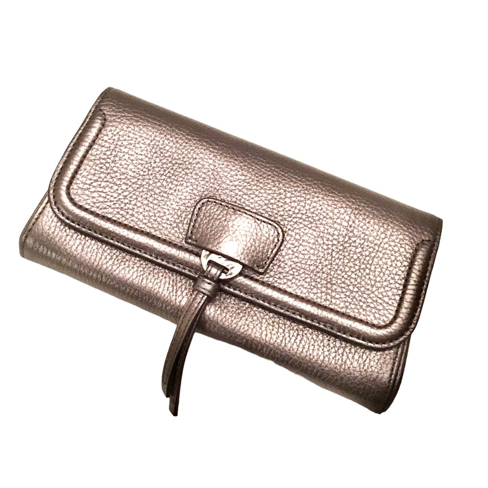 Annabel Ingall Wallet Clutch COLETTE Pewter Pebbled Leather Flap Closure